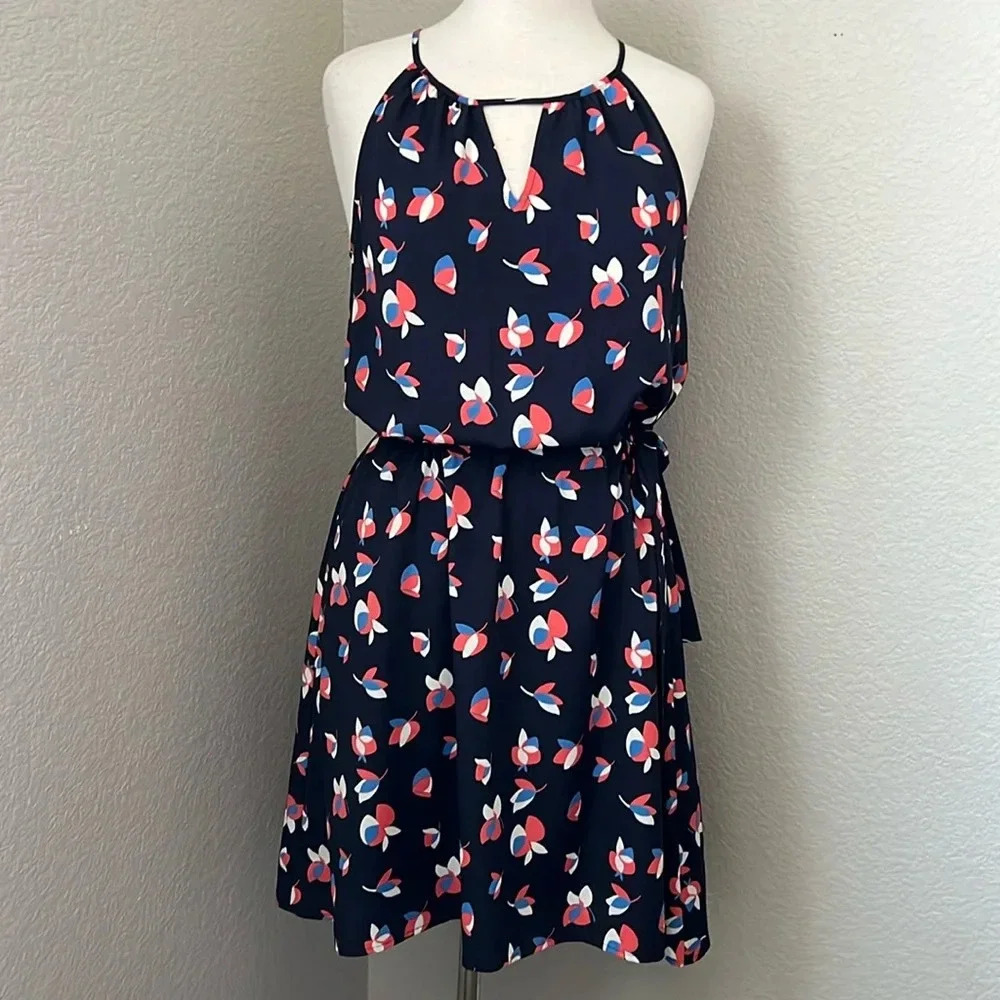 PIXLEY navy blue tie waist detail spaghetti strap dress